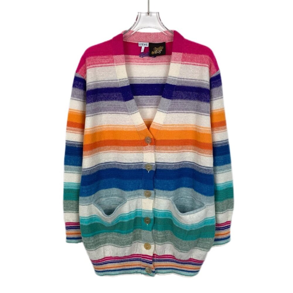 Loewe Color-Stripe Linen V-Neck Long-Sleeve Knit Cardigan